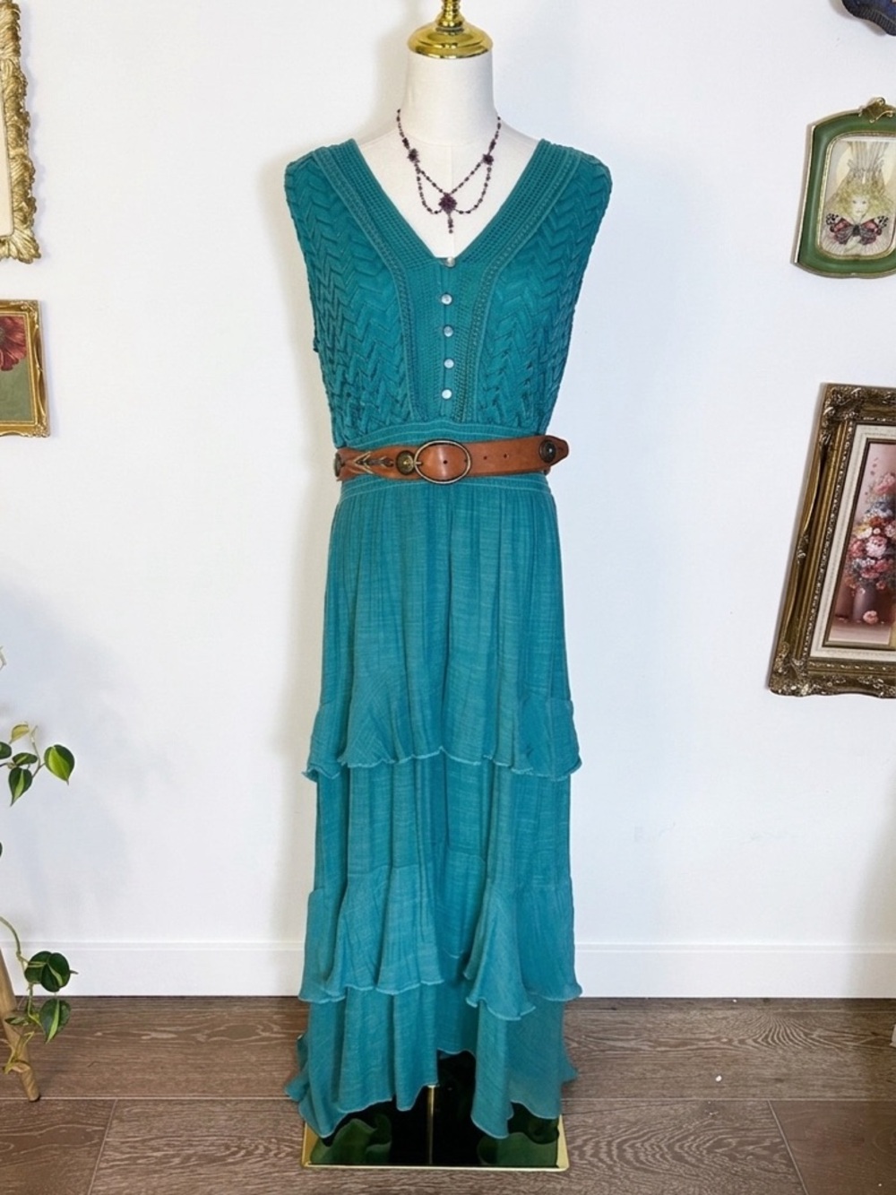 J GEE Teal Textured Chevron Maxi Dress Whimsigoth Fairycore Tiered Ruffle XL